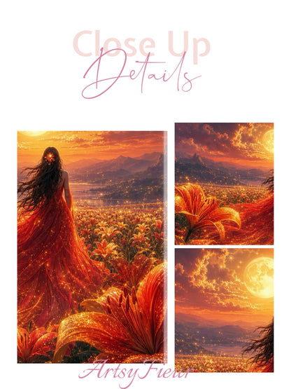 Framed Canvas - Vibrant Lilies Whimsical Full Moon Bride in Poppy Field, Wall Art Ready to hang Oil Painting Original Artwork Print Red Wedding Dress