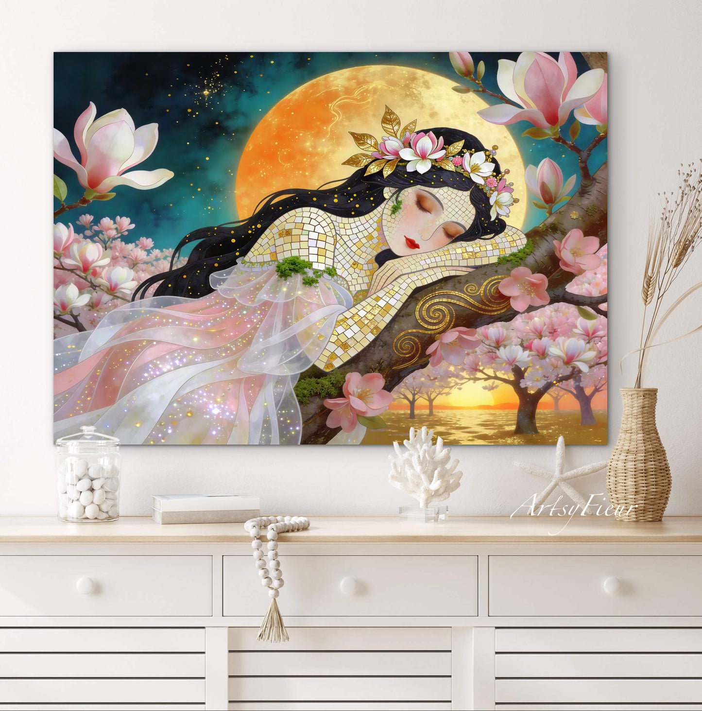 Framed Canvas- Vibrant Magnolia Flowers Beautiful Brunette Woman’s Abstract Portrait Mosaic Original Artwork Fantasy Wall Art Print Mother Nature