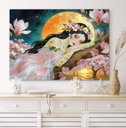 Framed Canvas- Vibrant Magnolia Flowers Beautiful Brunette Woman’s Abstract Portrait Mosaic Original Artwork Fantasy Wall Art Print Mother Nature