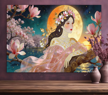 Framed Canvas- Vibrant Magnolia Flowers Beautiful Brunette Woman’s Abstract Portrait Mosaic Original Artwork Fantasy Wall Art Print