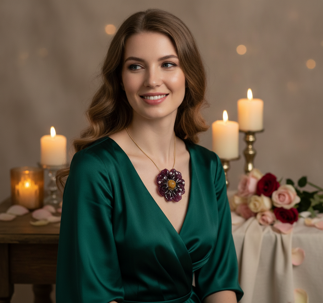 *REAL FLOWER Purple Dahlia Necklace | Preserved flower in resin | Floral pendant on chain | Hypoallergenic Gold Plated
