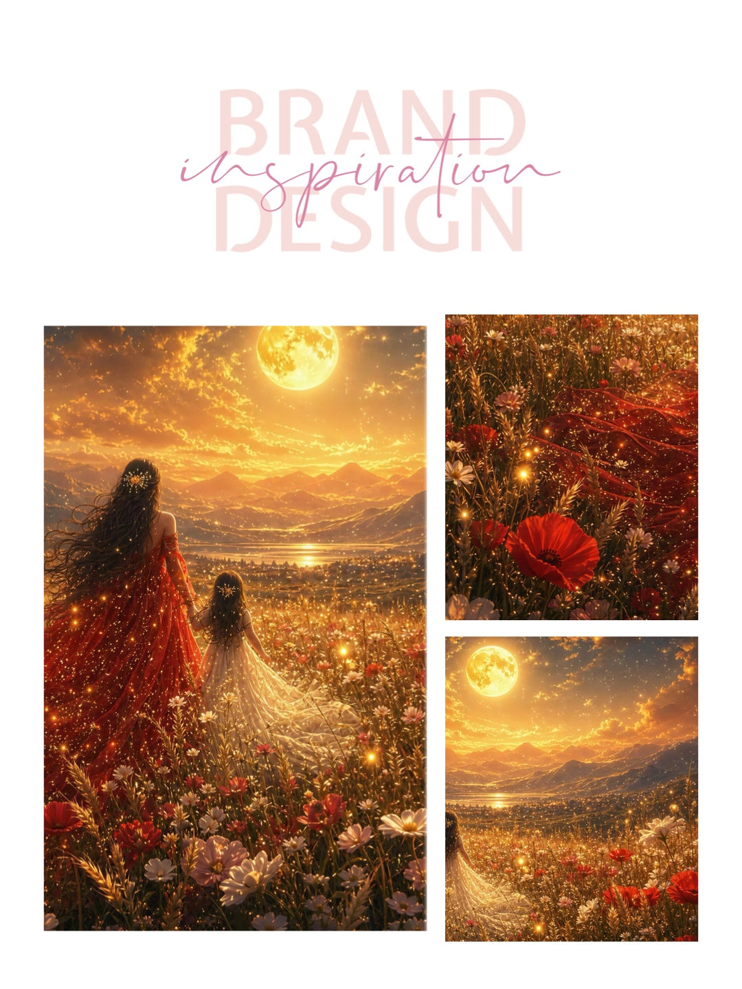 Framed Canvas- Vibrant Mother and Daughter Portrait Wildflowers Field Whimsical Landscape, Beautiful Gold Full Moon, Fantasy Floral Print