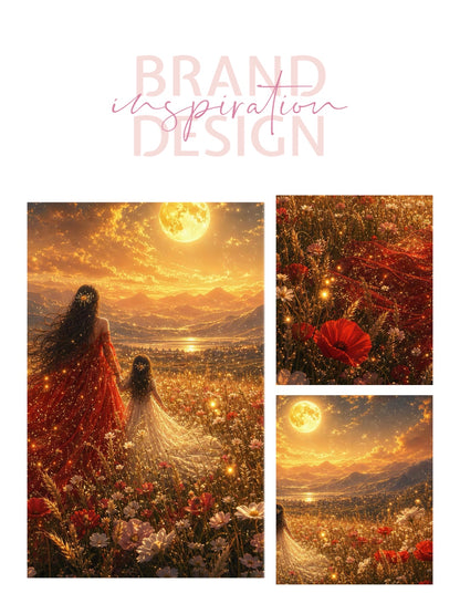 Framed Canvas- Vibrant Mother and Daughter Portrait Wildflowers Field Whimsical Landscape, Beautiful Gold Full Moon, Fantasy Floral Print