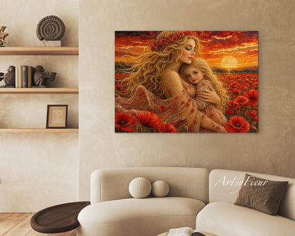 Framed Canvas- Vibrant Poppies Field Mother and Daughter Portrait Whimsical Full Moon Sunset Fantasy Oil Painting Wall Art Print