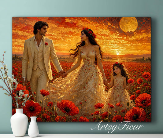 Framed Canvas Vibrant Poppies- Whimsical full moon fantasy oil painting Wedding celebration mother and daughter beautiful family portrait Original wall art print