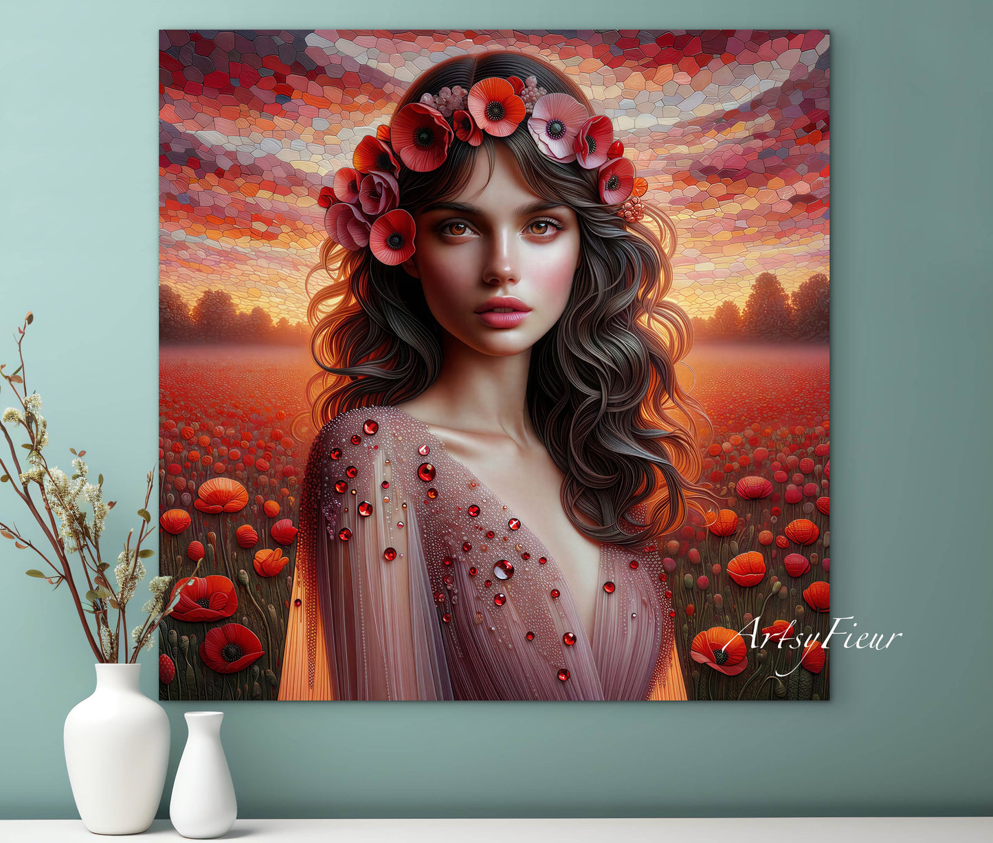Framed canvas- Original Artwork Vibrant Poppies watercolour floral painting beautiful brunette woman ready to hang wall art print, abstract portrait