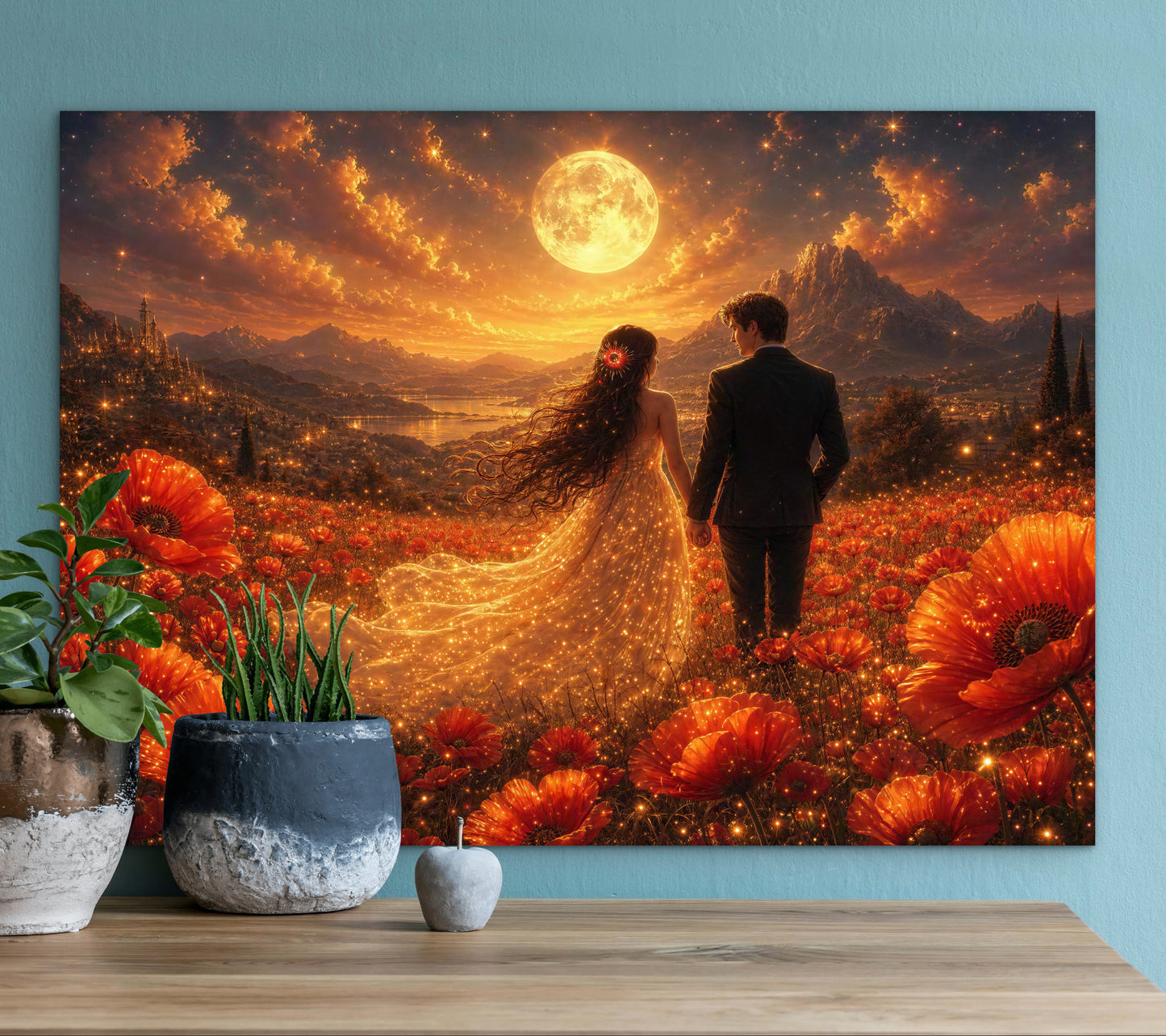 Framed canvas- whimsical full moon sunset bride and groom, wedding, poppy field, vibrant colours living room original artwork, fantasy oil painting wall art print