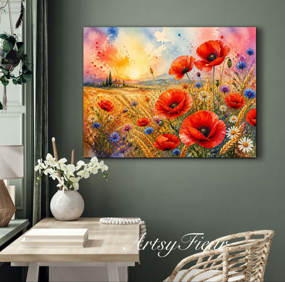 Framed Canvas Print- Vibrant Wildflowers and Poppies Oil Painting Textured Wall Art , Beautiful Original Artwork Ready to Hang Living Room, Floral