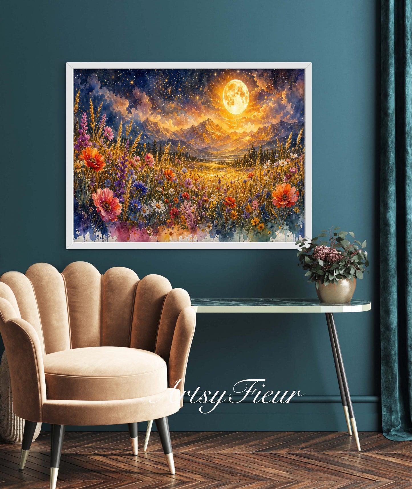 Framed canvas- vibrant full moon starry night sky colourful wildflowers floral wall art living room
