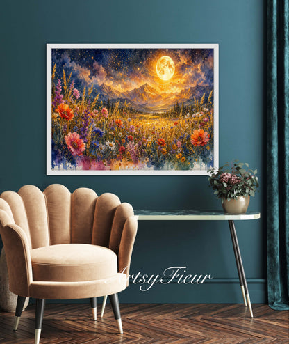 Framed canvas- vibrant full moon starry night sky colourful wildflowers floral wall art living room
