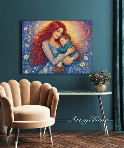 Framed canvas- ready to hang wall art print, vibrant colours crayon drawing abstract portrait mother and son, mother and baby boy, dark hair beautiful red hair woman , mothers day gilt, unique original artwork