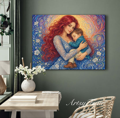 Framed canvas- ready to hang wall art print, vibrant colours crayon drawing abstract portrait mother and son, mother and baby boy, dark hair beautiful red hair woman , mothers day gilt, unique original artwork