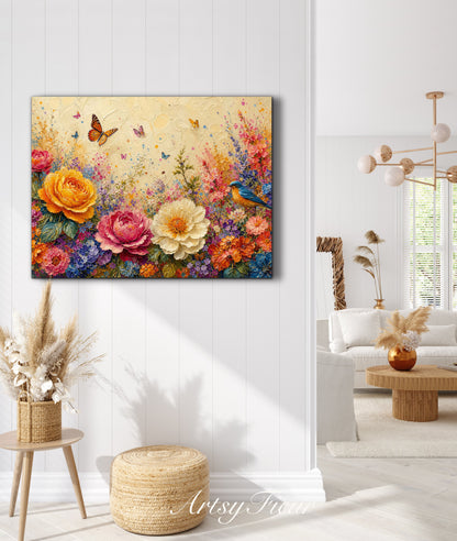 Framed Canvas Print- Vibrant Wildflowers and Petunias Oil Painting Textured Wall Art , Beautiful Original Artwork Ready to Hang Living Room, Floral