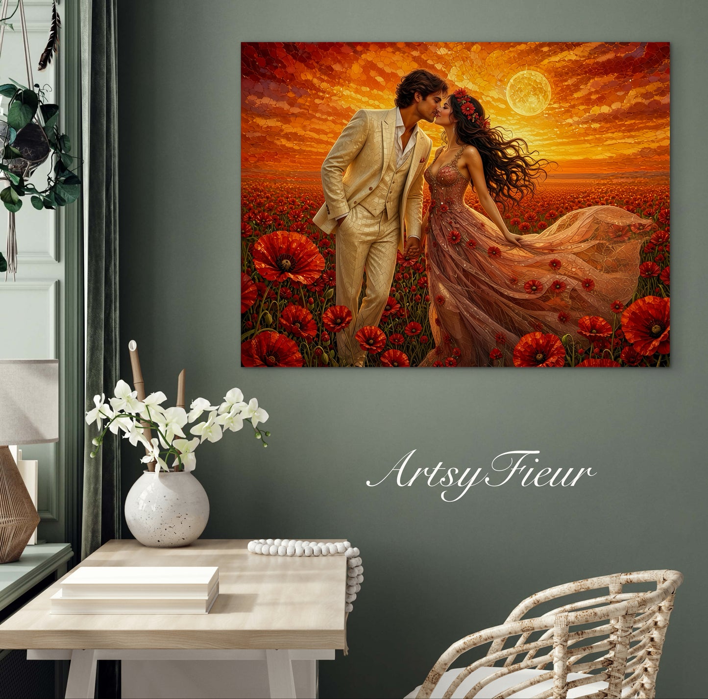Framed canvas- whimsical full moon sunset bride and groom, wedding, poppy field, vibrant colours living room original artwork, fantasy oil painting wall art print