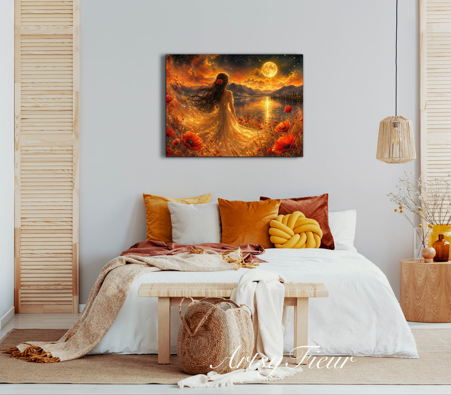 Framed Canvas - Vibrant poppies and wildflowers Whimsical Full Moon starry night sky Bride -Lady by the lake Wall Art Ready to hang original Artwork Print