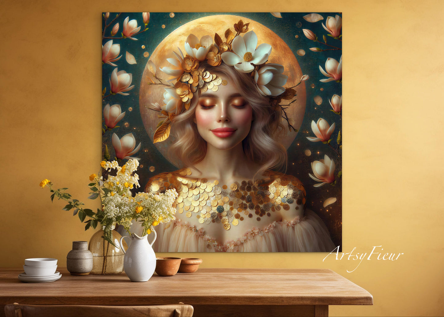 Framed canvas- beautiful blonde woman vibrant magnolia flowers ready to hang wall art print, abstract portrait colourful