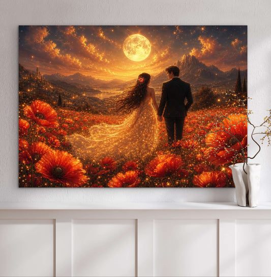 Framed canvas- whimsical full moon sunset bride and groom, wedding, poppy field, vibrant colours living room original artwork, fantasy oil painting wall art print