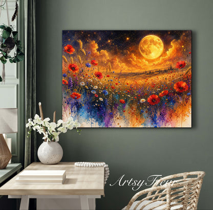 Framed Canvas Print- Vibrant Wildflowers and Poppies Oil Painting Textured Wall Art , Beautiful Original Artwork Ready to Hang Living Room, Floral