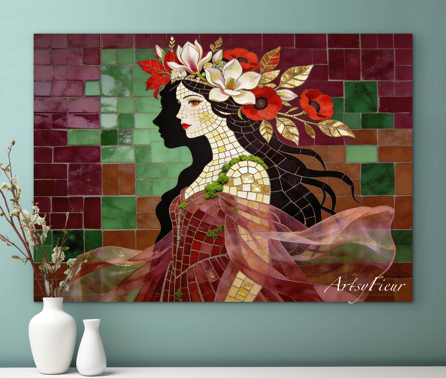 Framed Canvas- Vibrant Magnolia Flowers Beautiful Brunette Woman’s Abstract Portrait Mosaic Original Artwork Fantasy Wall Art Print Mother Nature