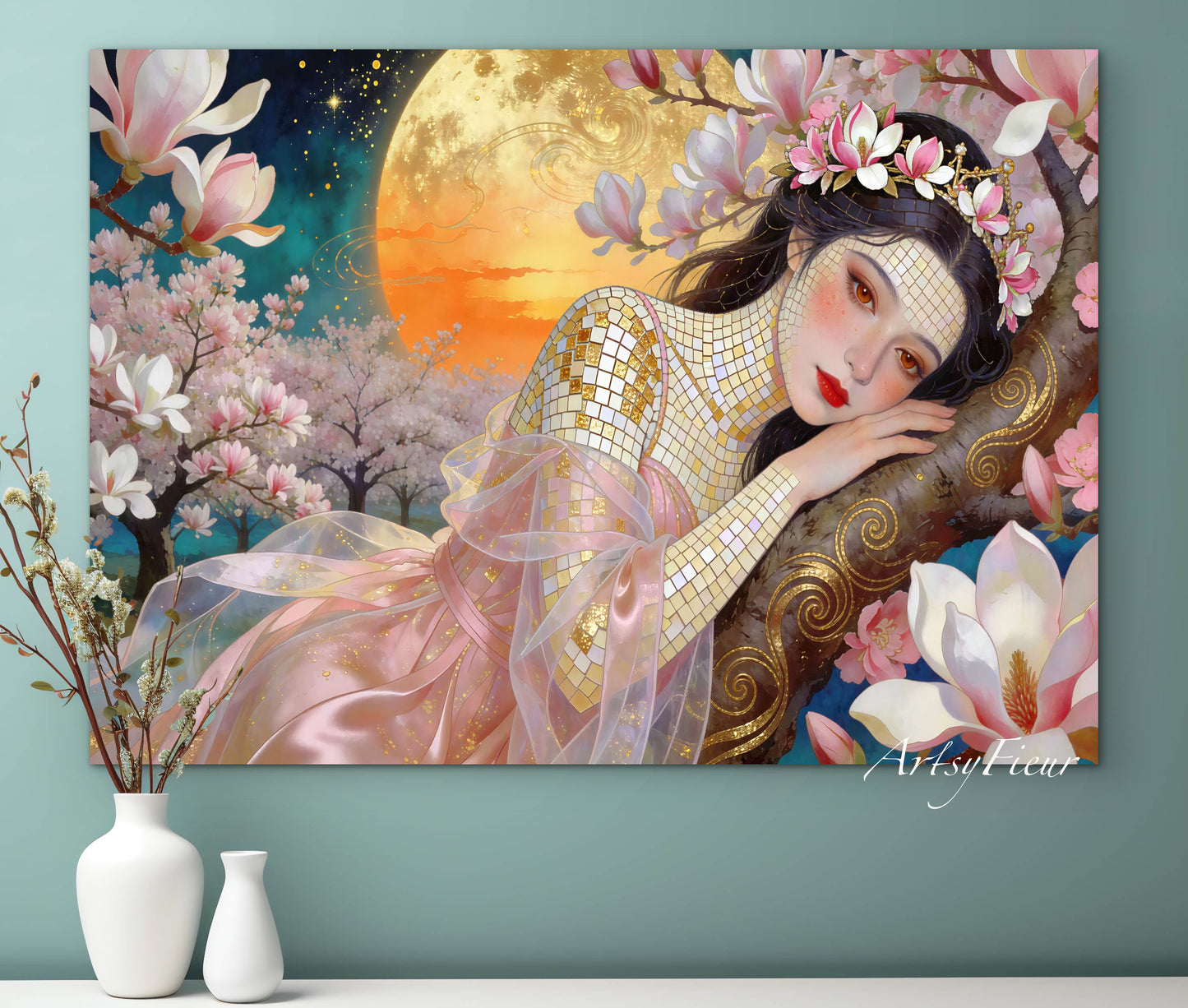 Framed Canvas- Vibrant Magnolia Flowers Beautiful Brunette Woman’s Abstract Portrait Mosaic Original Artwork Fantasy Wall Art Print
