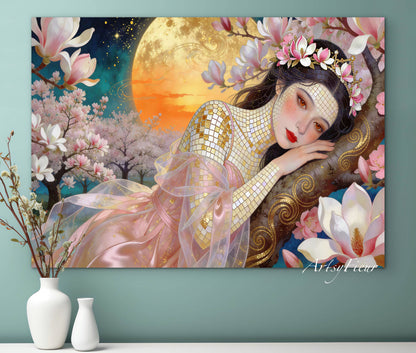 Framed Canvas- Vibrant Magnolia Flowers Beautiful Brunette Woman’s Abstract Portrait Mosaic Original Artwork Fantasy Wall Art Print
