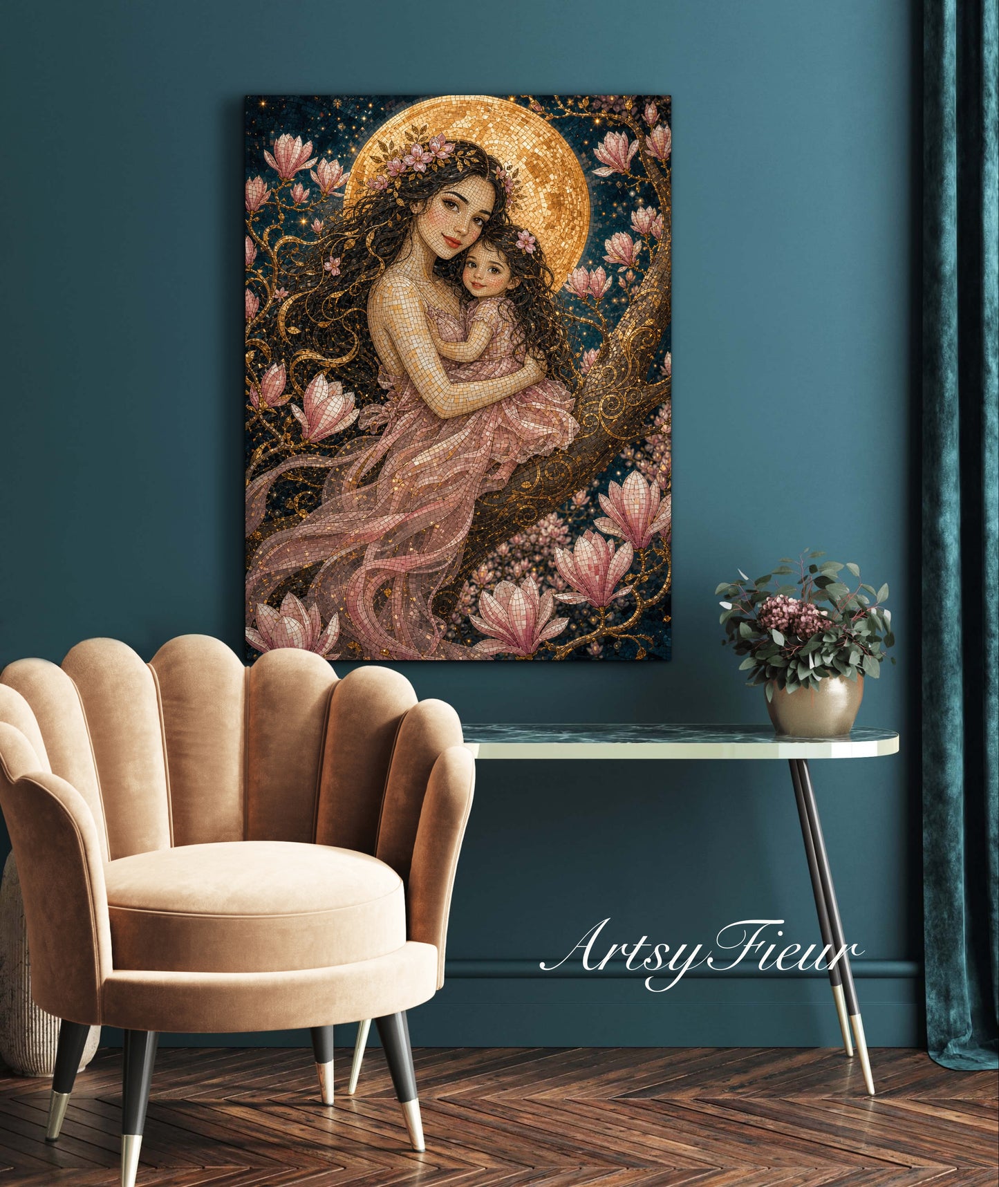 Framed canvas- Abstract Portrait Mosaic Fairy Beautiful Brunette Mother and Daughter Vibrant Magnolia Flowers Fantasy Wall Art Print