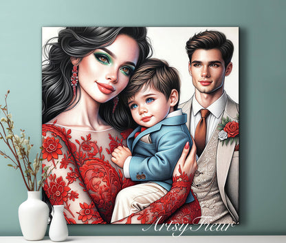 Framed canvas- ready to hang wall art print, colourful drawing abstract family portrait mother and son colourful drawing