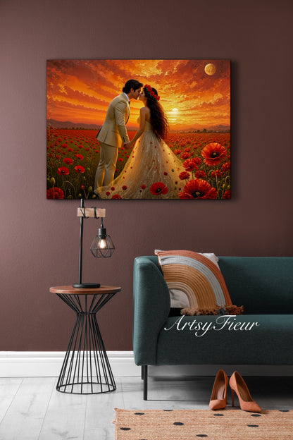 Framed canvas- whimsical full moon sunset bride and groom, wedding, poppy field, vibrant colours living room original artwork, fantasy oil painting wall art print