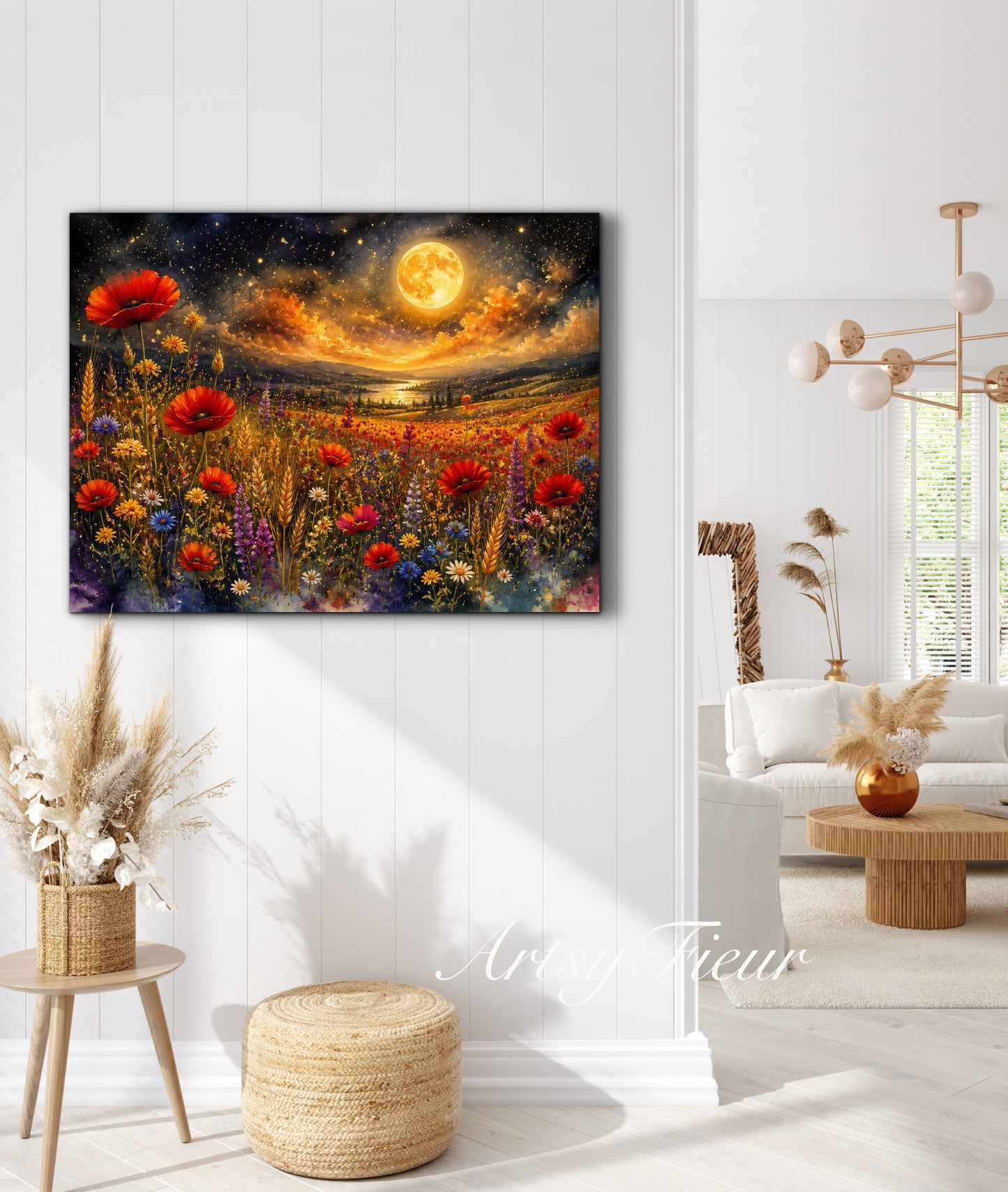 Framed Canvas Print- Vibrant Wildflowers and Poppies Oil Painting Textured Wall Art , Beautiful Original Artwork Ready to Hang Living Room, Floral