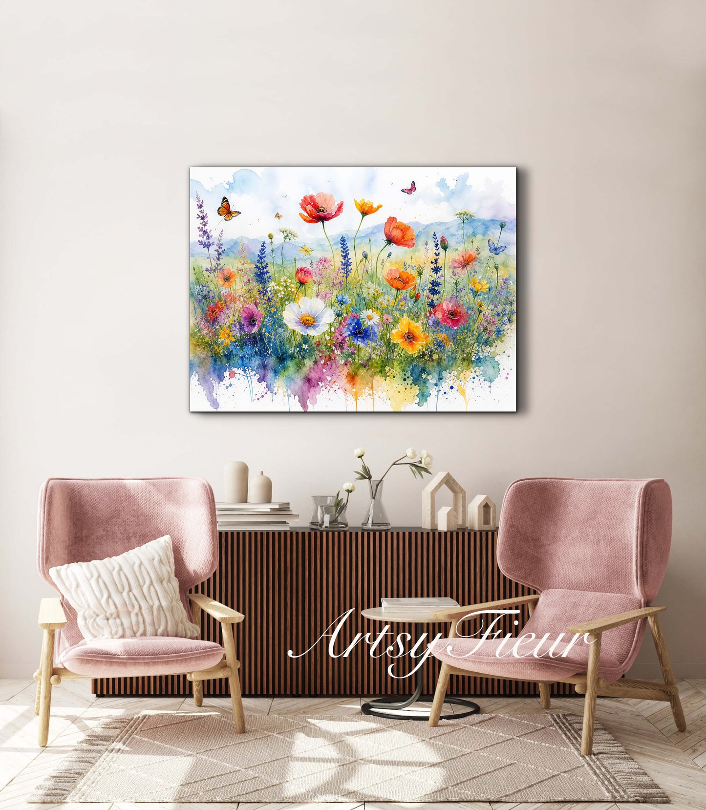 Framed canvas- ready to hang wall art print, beautiful vibrant colours watercolour fantasy painting wildflowers ,floral landscape, unique gift, one of a kind original artwork