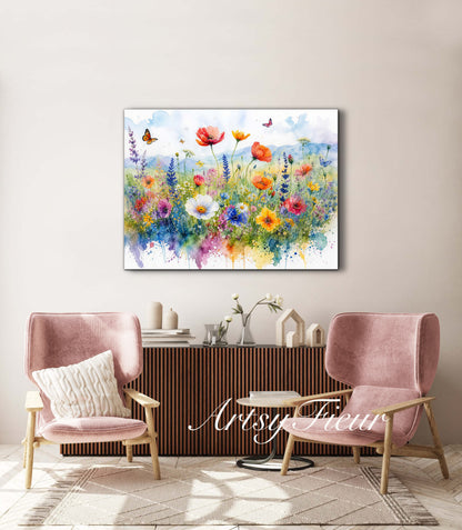 Framed canvas- ready to hang wall art print, beautiful vibrant colours watercolour fantasy painting wildflowers ,floral landscape, unique gift, one of a kind original artwork