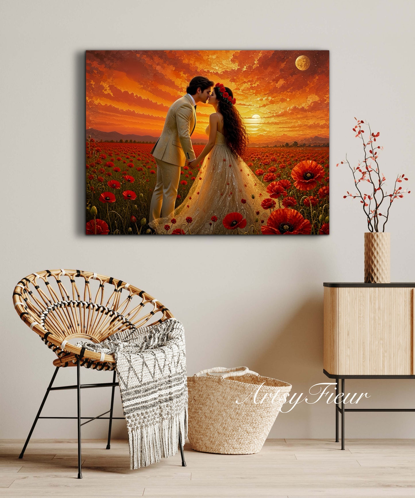 Framed canvas- whimsical full moon sunset bride and groom, wedding, poppy field, vibrant colours living room original artwork, fantasy oil painting wall art print