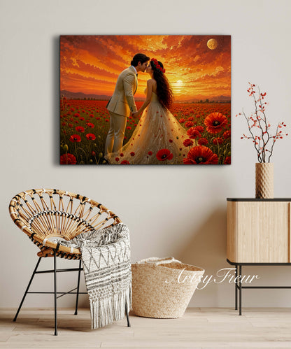 Framed canvas- whimsical full moon sunset bride and groom, wedding, poppy field, vibrant colours living room original artwork, fantasy oil painting wall art print