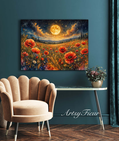 Framed Canvas Print- Vibrant Wildflowers and Poppies Oil Painting Textured Wall Art , Beautiful Original Artwork Ready to Hang Living Room, Floral