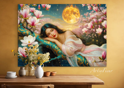 Framed Canvas- Vibrant Magnolia Flowers Beautiful Brunette Woman’s Abstract Portrait Original Artwork Fantasy Wall Art Print