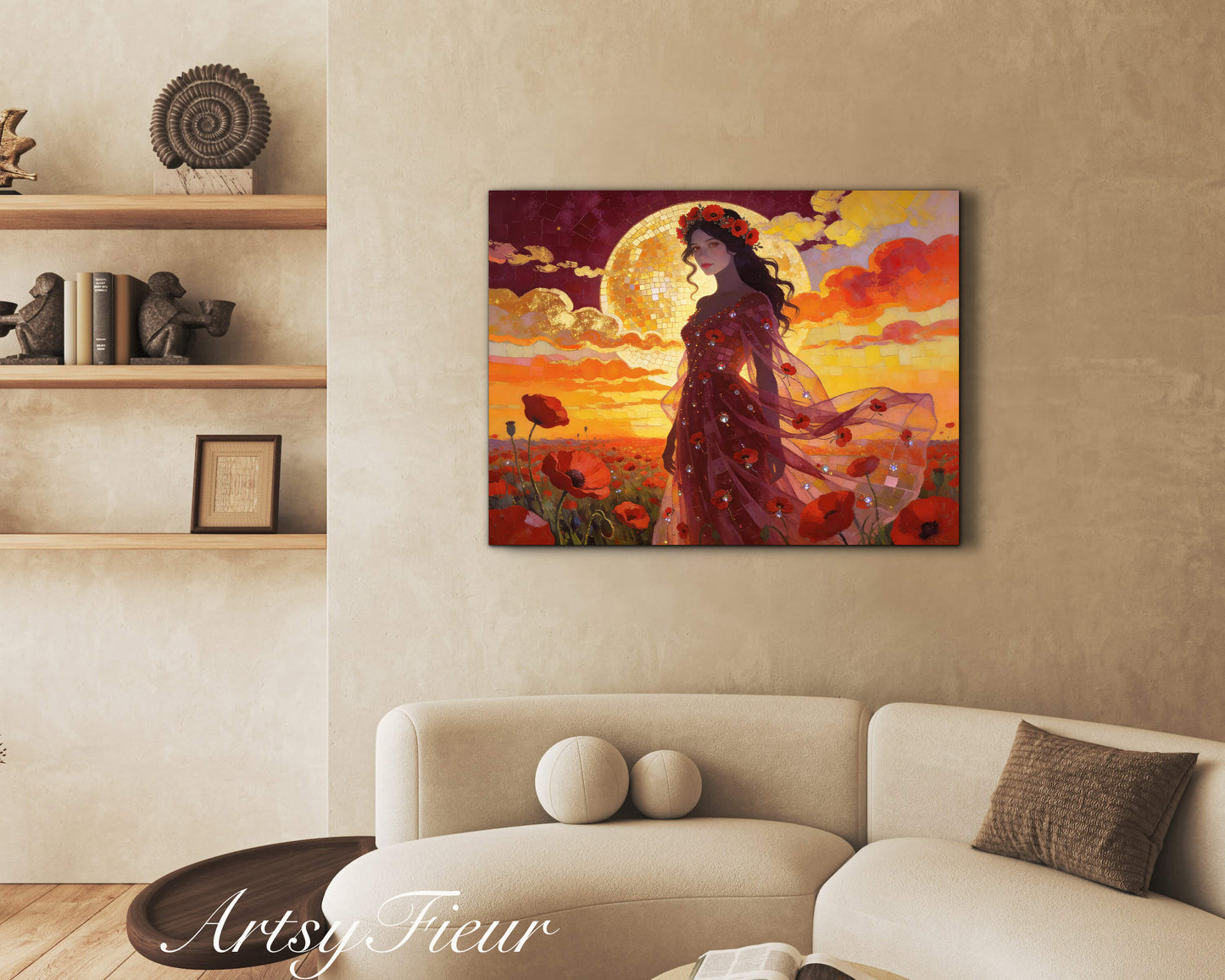 Framed Canvas - Vibrant Poppies Whimsical Full Moon Beautiful Brunette Woman in the Poppy Field, Wall Art Ready to hang Oil Painting Original Artwork Print