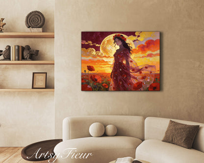 Framed Canvas - Vibrant Poppies Whimsical Full Moon Beautiful Brunette Woman in the Poppy Field, Wall Art Ready to hang Oil Painting Original Artwork Print