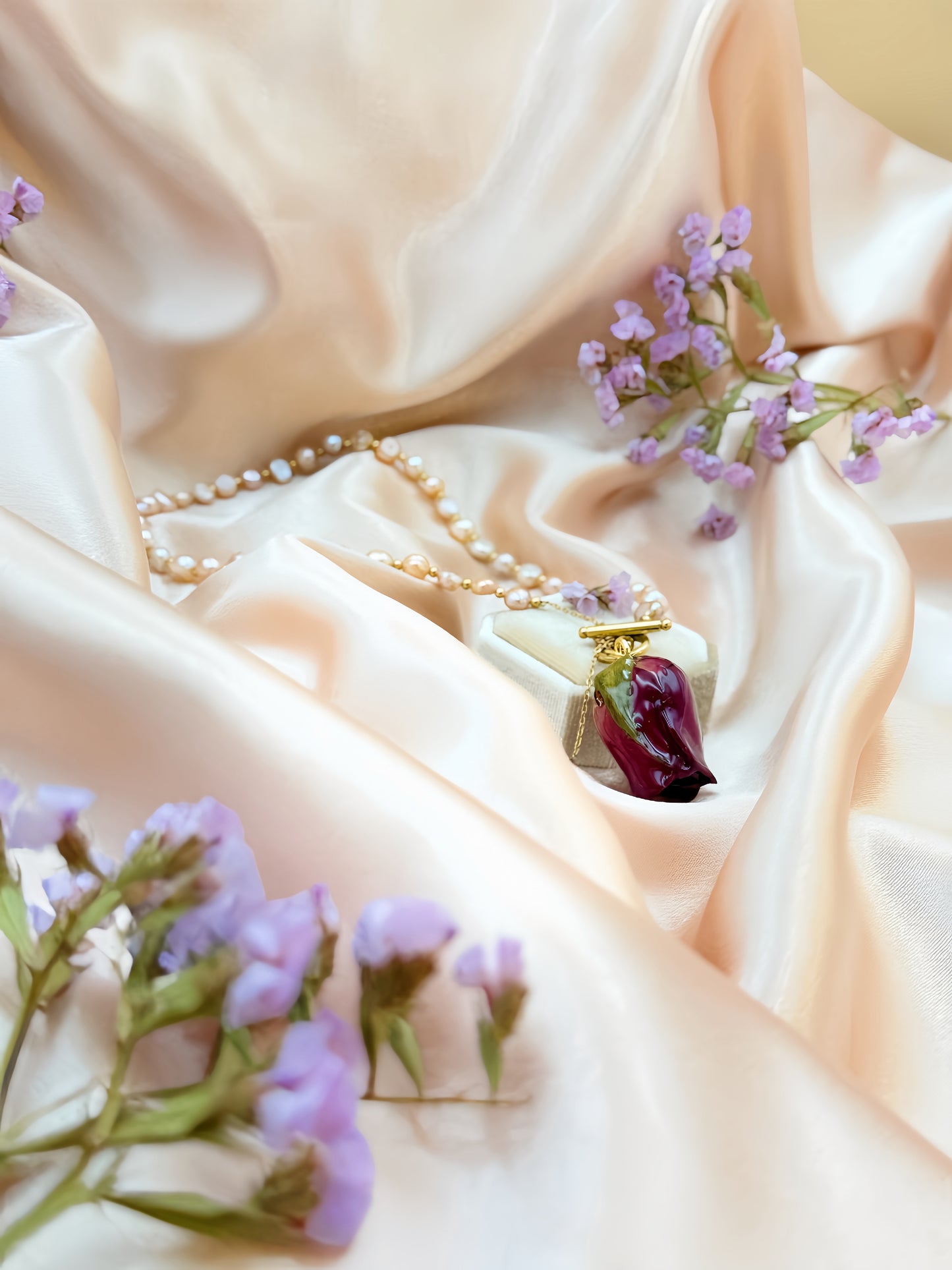 *REAL FLOWER Red Rose Necklace Preserved Flower in Resin Pink Freshwater Cultured Pearls Front Round Closure Hypoallergenic