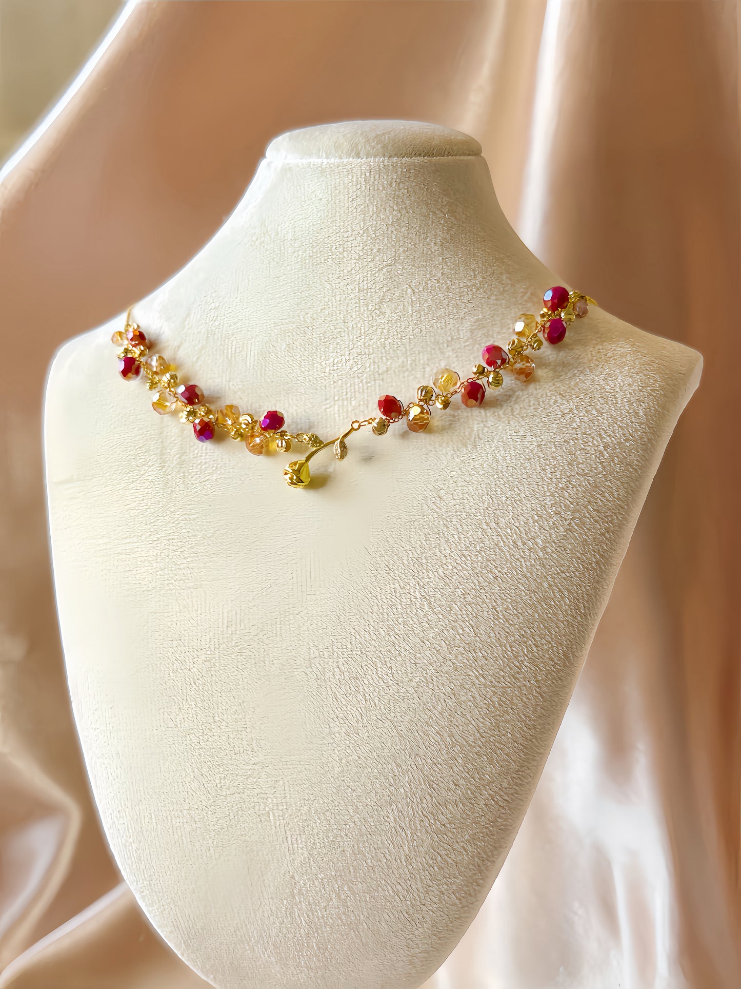 Mini Gold Rose Necklace Flower Pendant Handmade Braided Crystal Red Gold Beaded S925 Sterling Silver Hypoallergenic Floral Bohemian