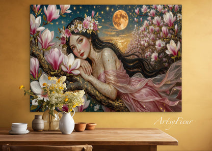 Framed Canvas- Vibrant Magnolia Flowers Beautiful Brunette Woman’s Abstract Portrait Mosaic Original Artwork Fantasy Wall Art Print