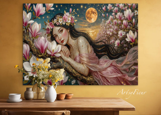 Framed Canvas- Vibrant Magnolia Flowers Beautiful Brunette Woman’s Abstract Portrait Mosaic Original Artwork Fantasy Wall Art Print