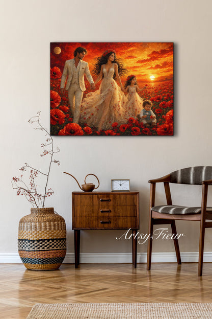 Framed Canvas- Vibrant Poppies Field Bride Groom Mother Daughter and Baby boy Portrait Whimsical Full Moon Sunset Fantasy Oil Painting Wall Art Print