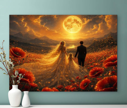 Framed Canvas Vibrant Poppies- Whimsical full moon fantasy oil painting Wedding celebration mother and daughter beautiful family portrait Original wall art print