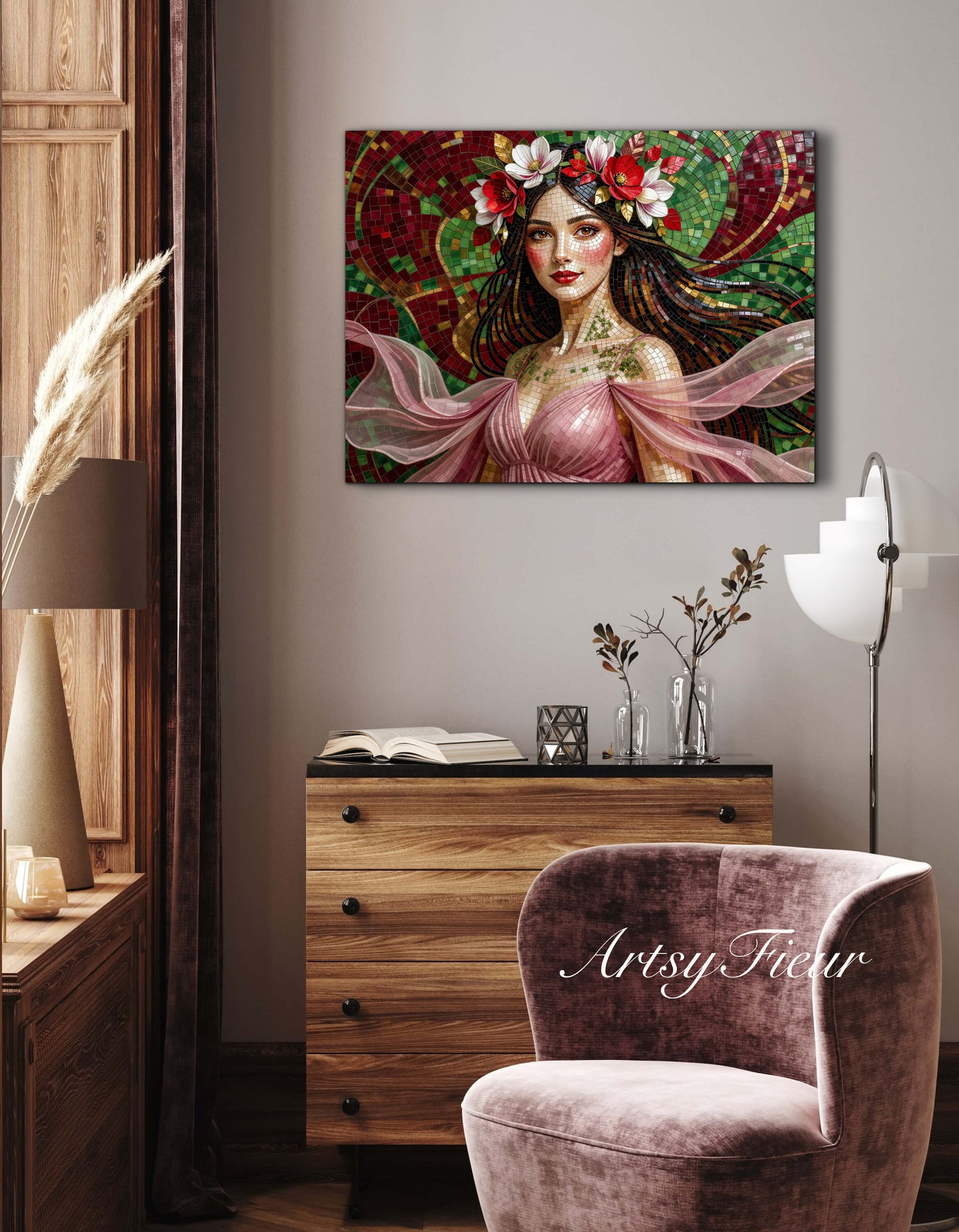 Framed Canvas- Vibrant Magnolia Flowers Beautiful Brunette Woman’s Abstract Portrait Mosaic Original Artwork Fantasy Wall Art Print