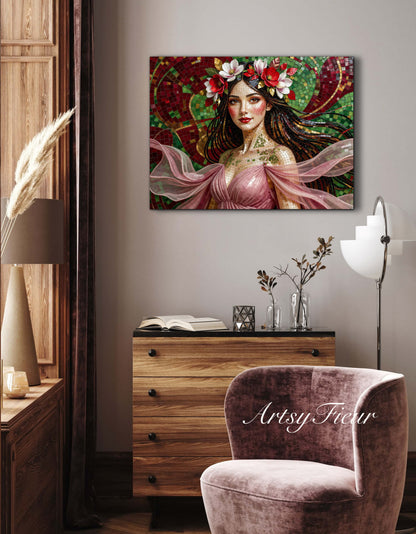 Framed Canvas- Vibrant Magnolia Flowers Beautiful Brunette Woman’s Abstract Portrait Mosaic Original Artwork Fantasy Wall Art Print