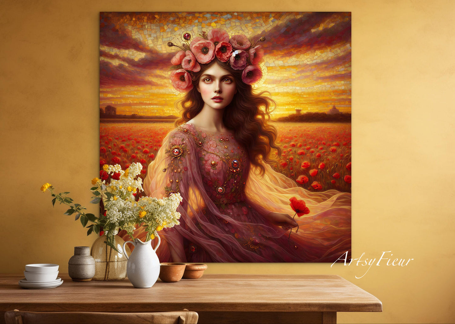Framed canvas- Original Artwork Vibrant Poppies watercolour floral painting beautiful brunette woman ready to hang wall art print, abstract portrait