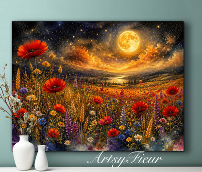 Framed Canvas Print- Vibrant Wildflowers and Poppies Oil Painting Textured Wall Art , Beautiful Original Artwork Ready to Hang Living Room, Floral