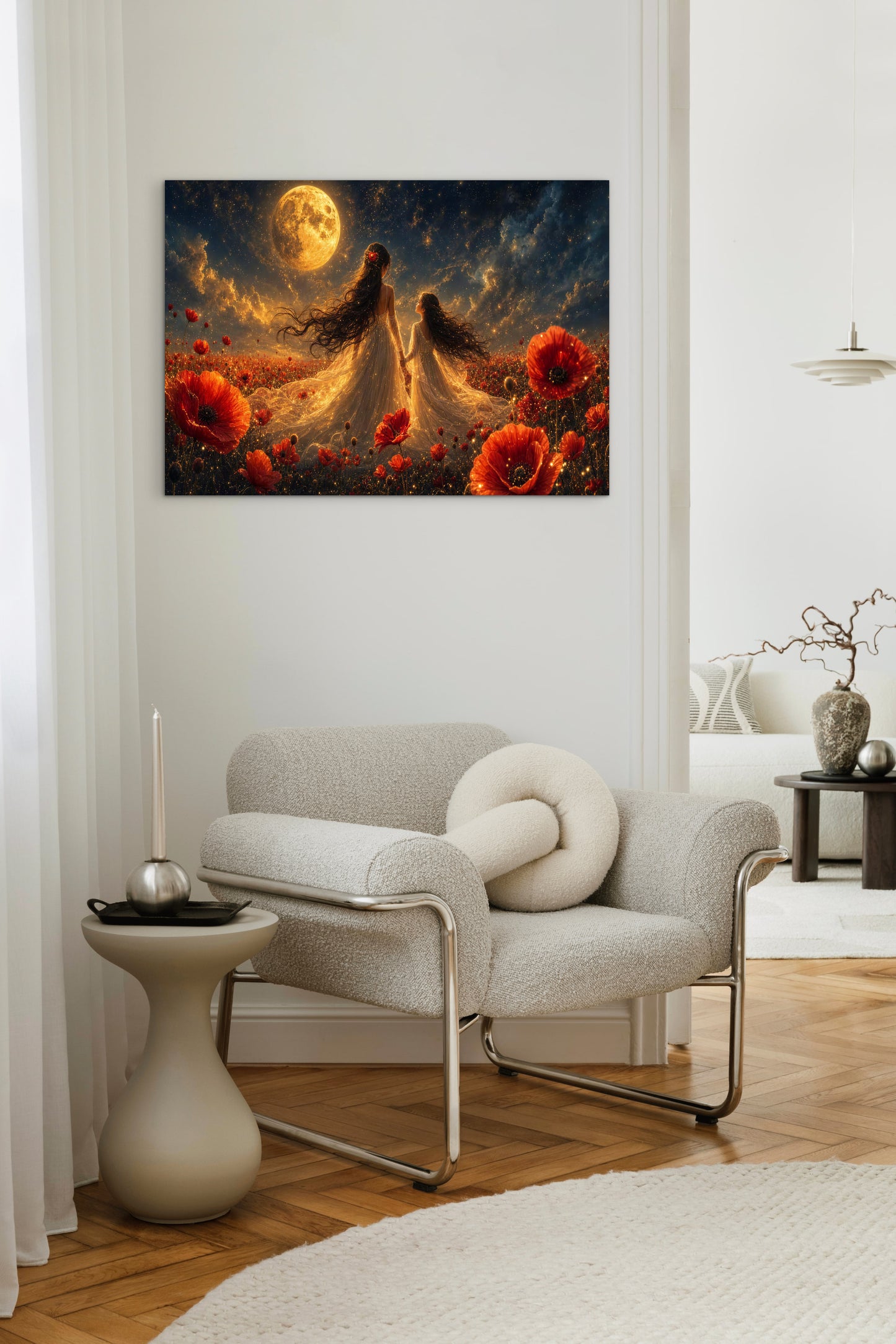 Framed Canvas- Vibrant Poppies Field Bride Mother and Daughter Portrait Whimsical Full Moon Sunset Fantasy Oil Painting Wall Art Print