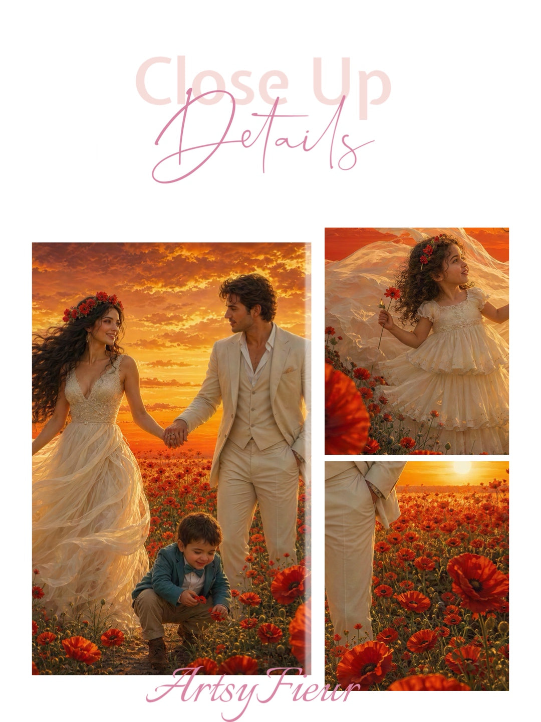 Framed Canvas- Vibrant Poppies Field Bride Groom Mother Daughter and Baby boy Portrait Whimsical Full Moon Sunset Fantasy Oil Painting Wall Art Print