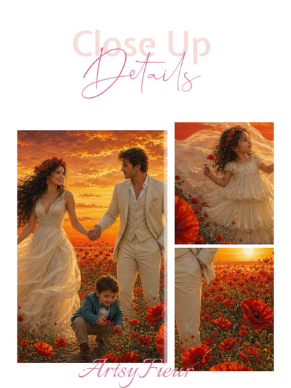 Framed Canvas- Vibrant Poppies Field Bride Groom Mother Daughter and Baby boy Portrait Whimsical Full Moon Sunset Fantasy Oil Painting Wall Art Print